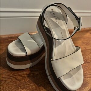 Naked Feet White Platform Sandals with Brown-Striped Sole